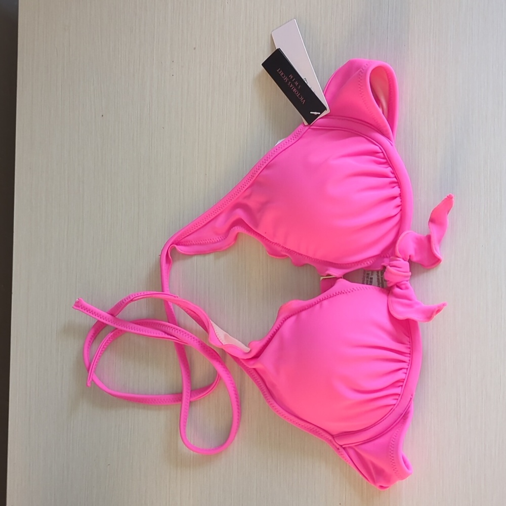Hot neon pink Victoria's Secret bow ruffled bikini top 34A